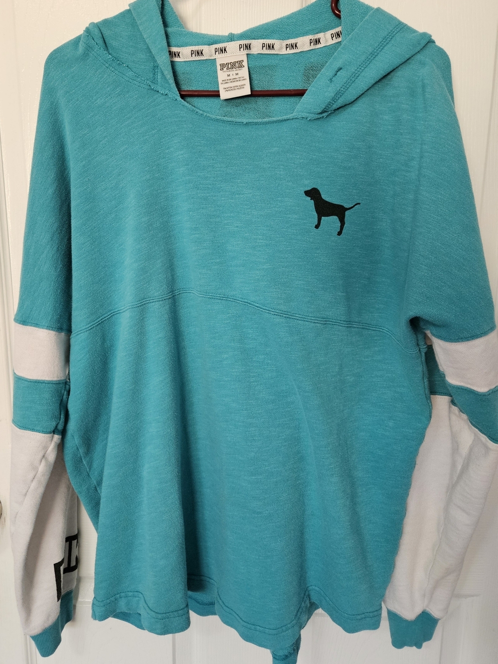 PINK Victoria's Secret Teal Hoodie with White Sleeve Panels & Black Dog Logo